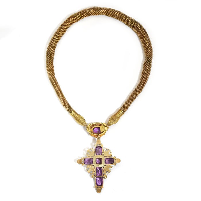 Georgian Cannetille Gold Snake Necklace with Amethyst and Emerald Cross Pendant, Circa 1830