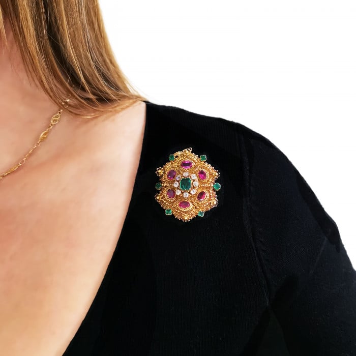 Georgian Ruby Emerald Diamond and Gold Cannetille Brooch-Cum-Pendant, Circa 1830