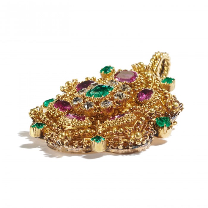 Georgian Ruby Emerald Diamond and Gold Cannetille Brooch-Cum-Pendant, Circa 1830