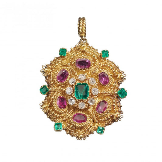 Georgian Ruby Emerald Diamond and Gold Cannetille Brooch-Cum-Pendant, Circa 1830
