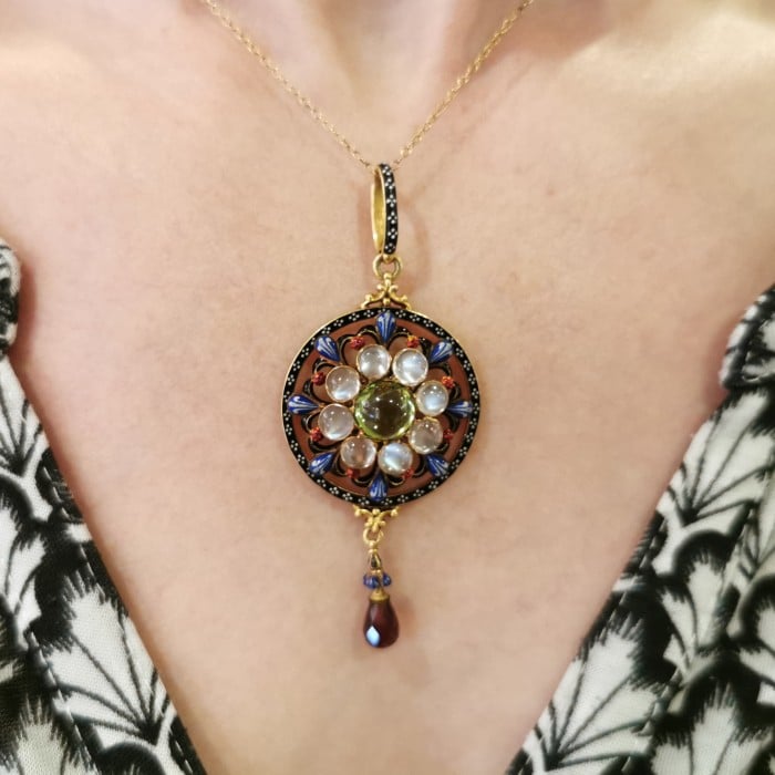 Giuliano Enamel, Peridot, Moonstone, Garnet and Gold Pendant, Circa 1885