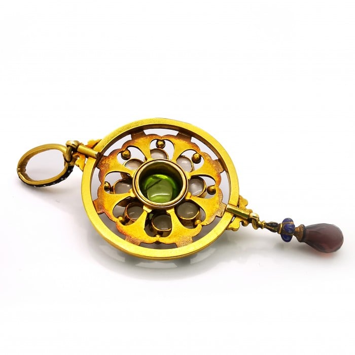 Giuliano Enamel, Peridot, Moonstone, Garnet and Gold Pendant, Circa 1885