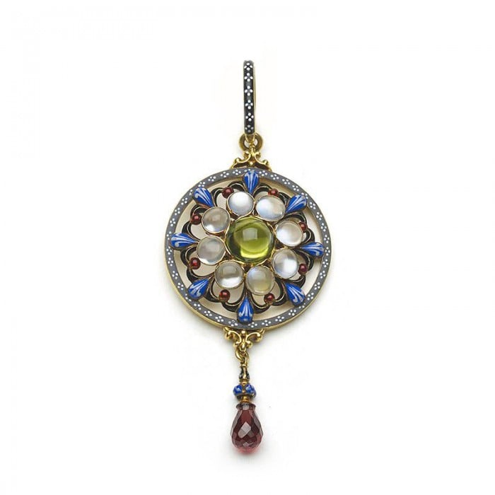 Giuliano Enamel, Peridot, Moonstone, Garnet and Gold Pendant, Circa 1885