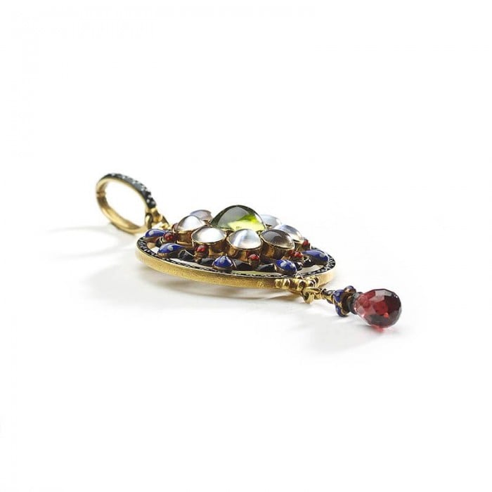 Giuliano Enamel, Peridot, Moonstone, Garnet and Gold Pendant, Circa 1885