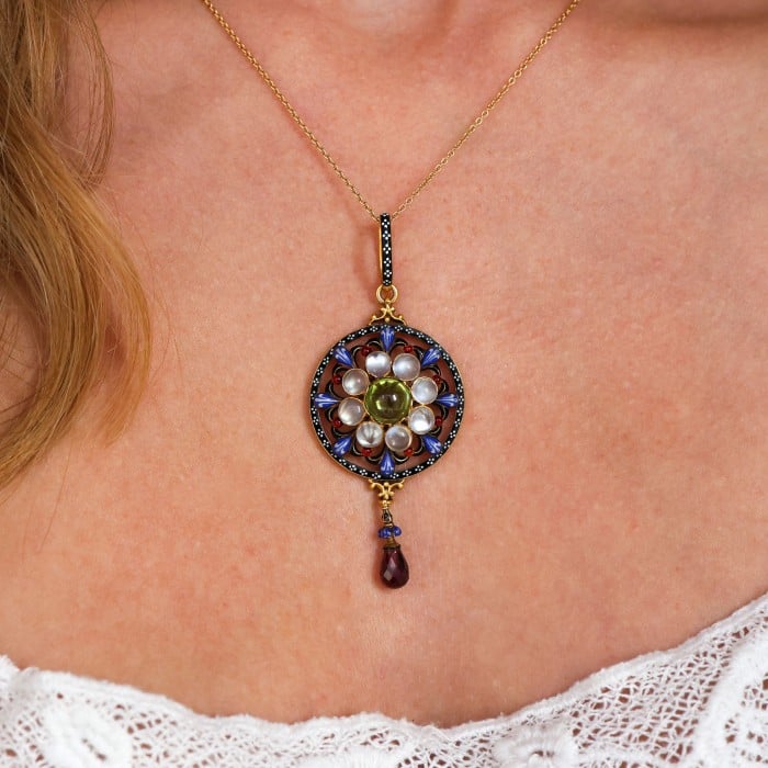 Giuliano Enamel, Peridot, Moonstone, Garnet and Gold Pendant, Circa 1885