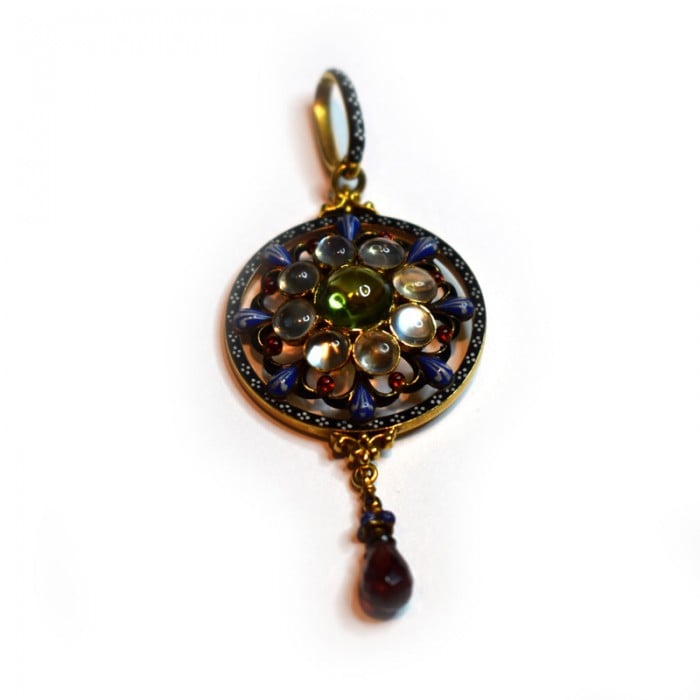 Giuliano Enamel, Peridot, Moonstone, Garnet and Gold Pendant, Circa 1885