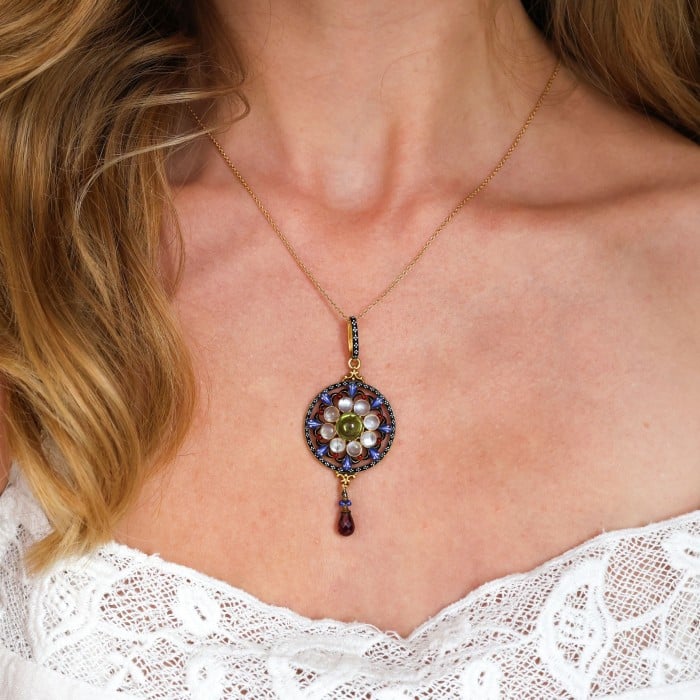 Giuliano Enamel, Peridot, Moonstone, Garnet and Gold Pendant, Circa 1885
