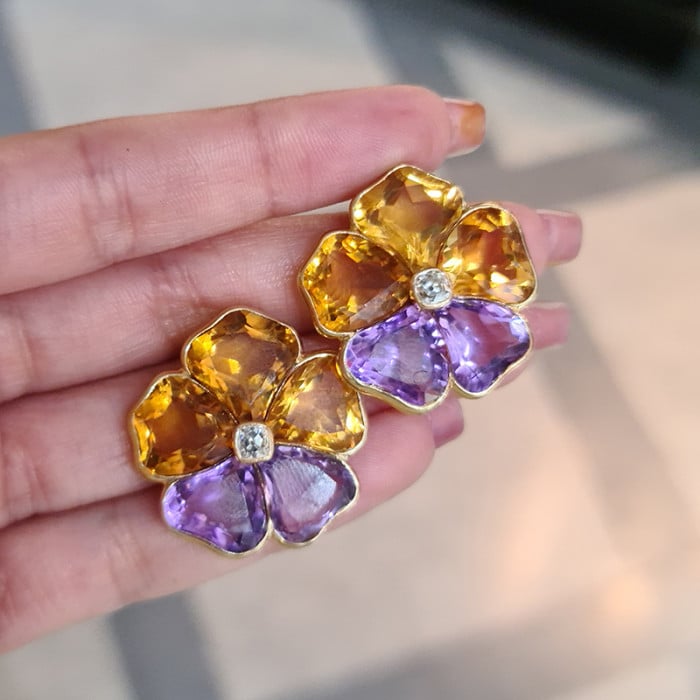 Harvey & Gore Amethyst, Citrine, Diamond and Gold Pansy Earrings, 1973