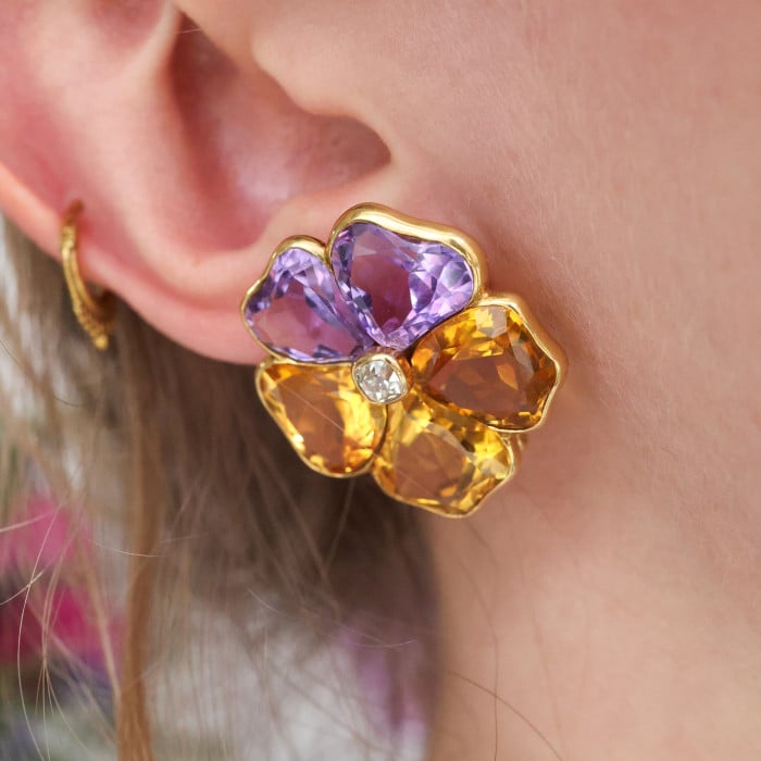 Harvey & Gore Amethyst, Citrine, Diamond and Gold Pansy Earrings, 1973