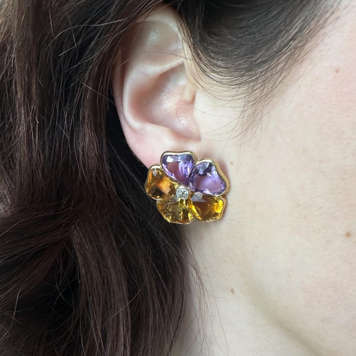 Harvey & Gore Amethyst, Citrine, Diamond and Gold Pansy Earrings, 1973
