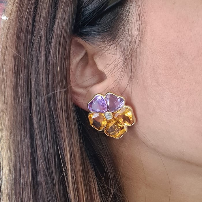 Harvey & Gore Amethyst, Citrine, Diamond and Gold Pansy Earrings, 1973