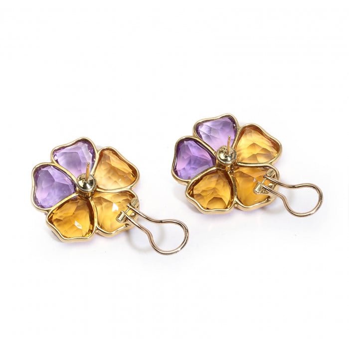 Harvey & Gore Amethyst, Citrine, Diamond and Gold Pansy Earrings, 1973