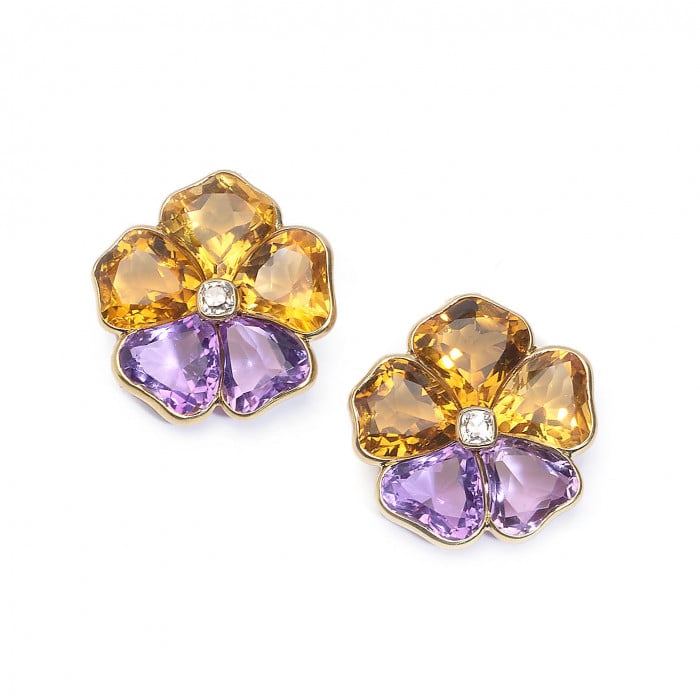 Harvey & Gore Amethyst, Citrine, Diamond and Gold Pansy Earrings, 1973