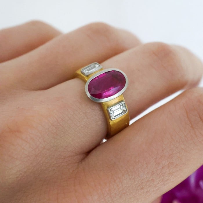 Late 20th Century Ruby Diamond Platinum and 22ct Gold Ring, 1.86 Carats, 1999