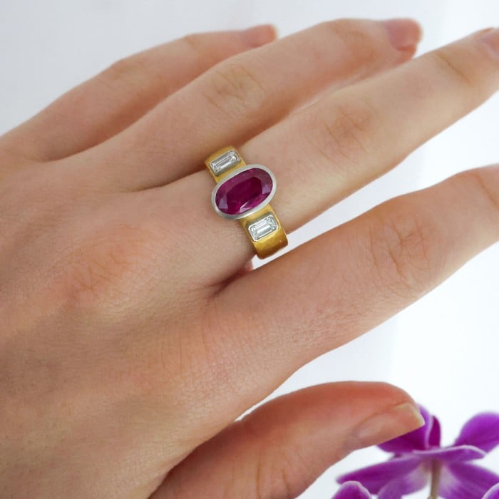 Late 20th Century Ruby Diamond Platinum and 22ct Gold Ring, 1.86 Carats, 1999