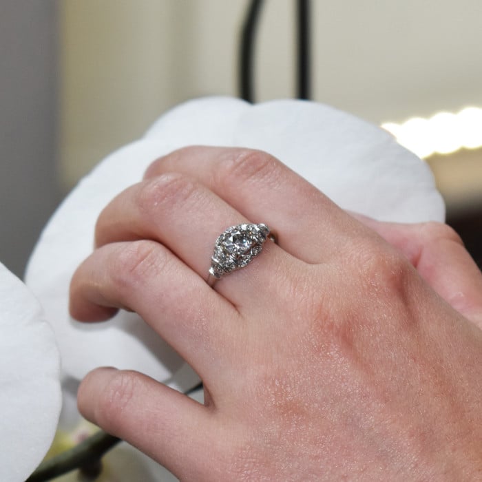 Late Art Deco Diamond and Platinum Ring, 0.85 Carats H SI1, Circa 1940