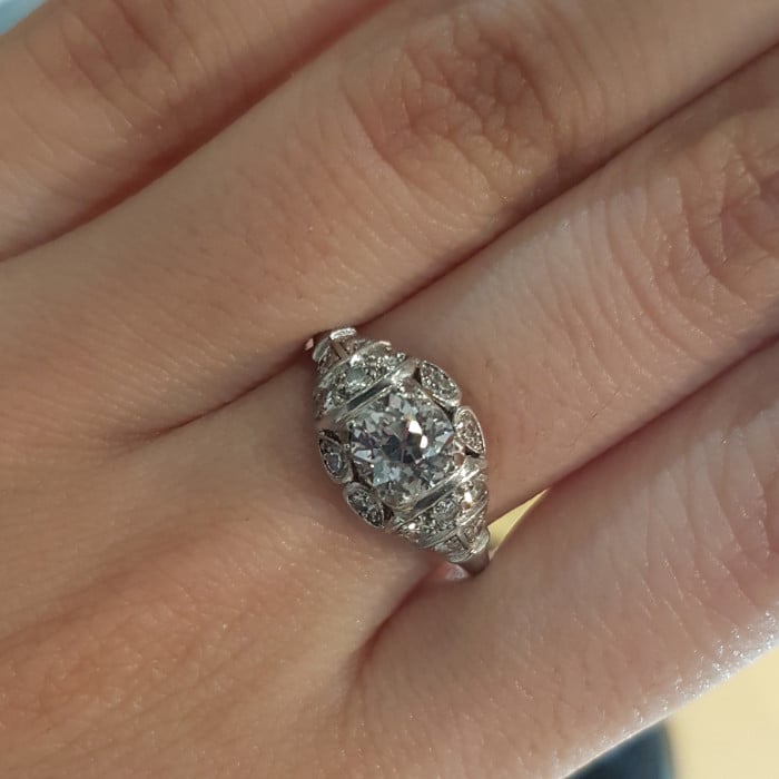 Late Art Deco Diamond and Platinum Ring, 0.85 Carats H SI1, Circa 1940