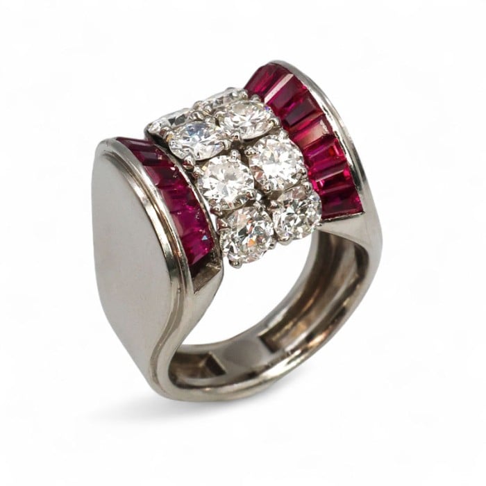 Late Art Deco Ruby, Diamond and Platinum Ring, Circa 1940