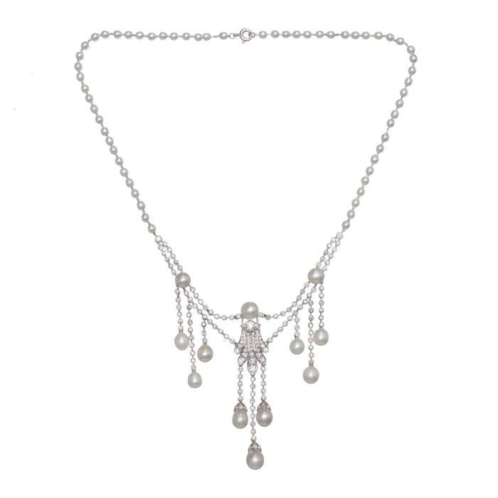 Marcus Natural Pearl Diamond and Platinum Necklace, Circa 1920