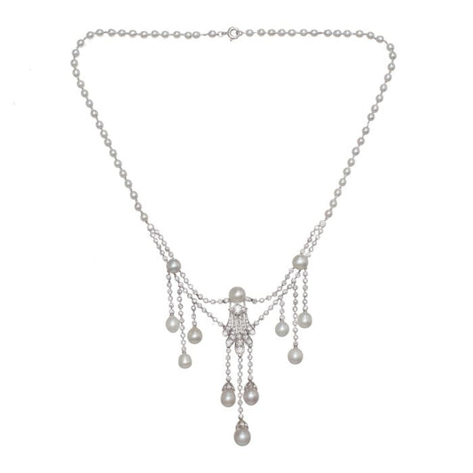 Marcus Natural Pearl Diamond and Platinum Necklace, Circa 1920