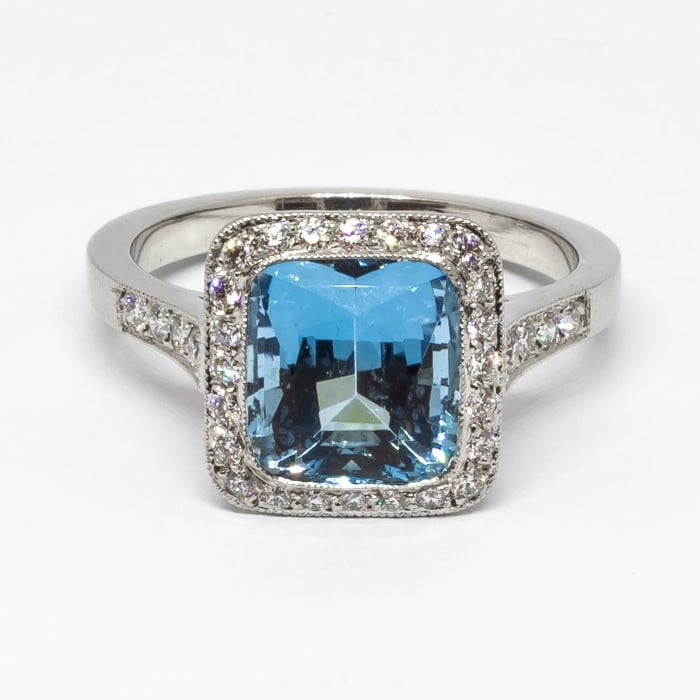 Modern Aquamarine, Diamond and Platinum Cluster Ring, 2.59 Carats
