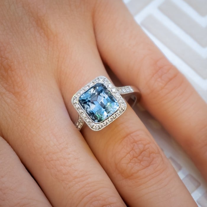 Modern Aquamarine, Diamond and Platinum Cluster Ring, 2.59 Carats