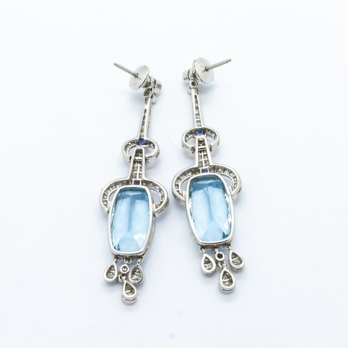 Modern Aquamarine, Sapphire, Diamond and Platinum Earrings