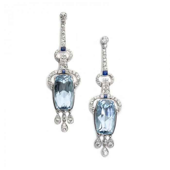 Modern Aquamarine, Sapphire, Diamond and Platinum Earrings