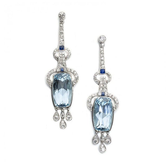 Modern Aquamarine, Sapphire, Diamond and Platinum Earrings