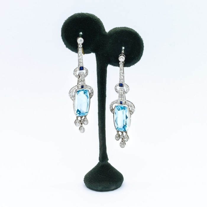 Modern Aquamarine, Sapphire, Diamond and Platinum Earrings