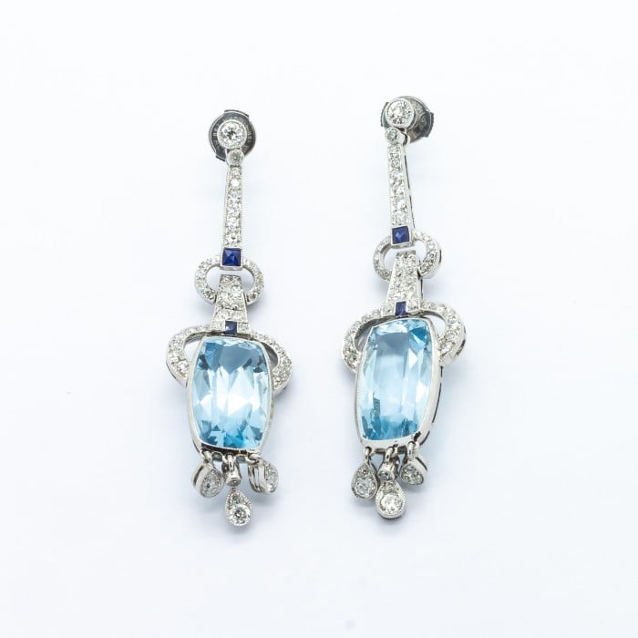 Modern Aquamarine, Sapphire, Diamond and Platinum Earrings