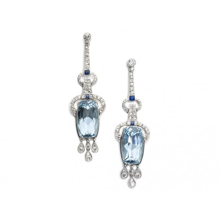 Modern Aquamarine, Sapphire, Diamond and Platinum Earrings