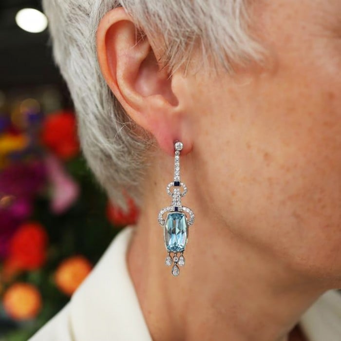 Modern Aquamarine, Sapphire, Diamond and Platinum Earrings