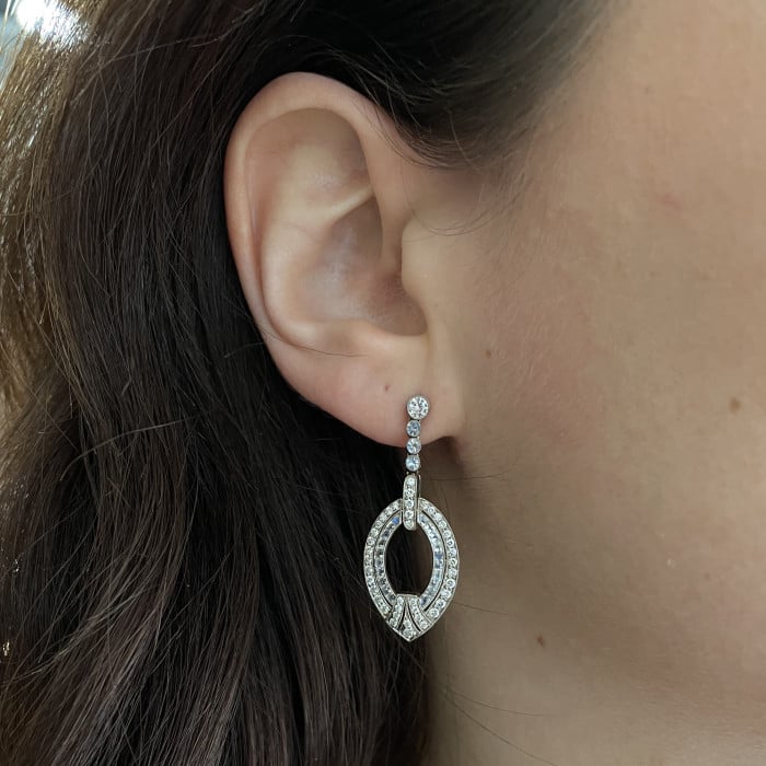 Modern Art Deco Style Diamond, Moonstone and White Gold Drop Earrings