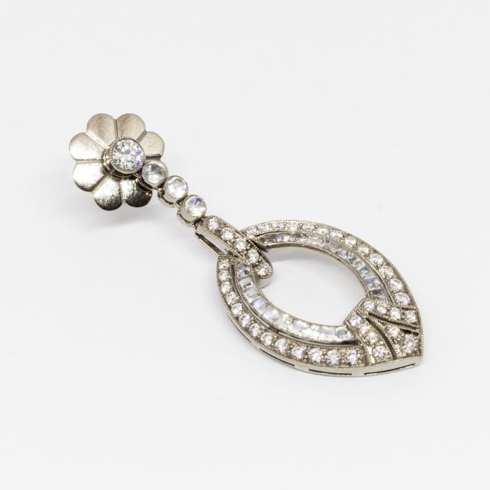 Modern Art Deco Style Diamond, Moonstone and White Gold Drop Earrings