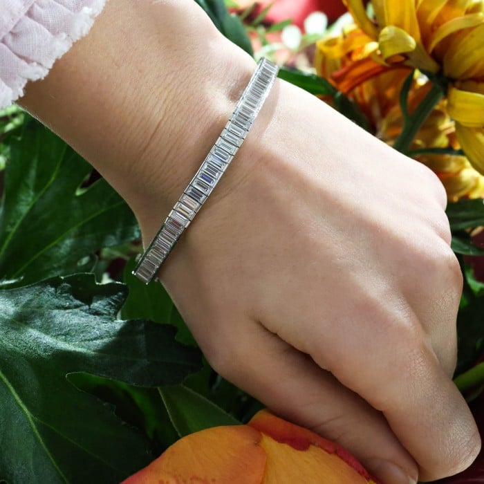 Modern Baguette Cut Diamond and Platinum Line Bracelet, 11.46ct