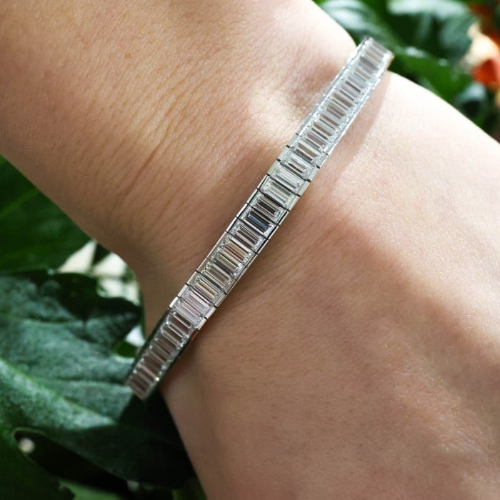 Modern Baguette Cut Diamond and Platinum Line Bracelet, 11.46ct