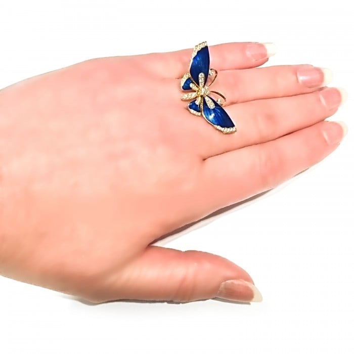 Modern Blue Basse Taille Enamel Diamond and Gold Butterfly Ring