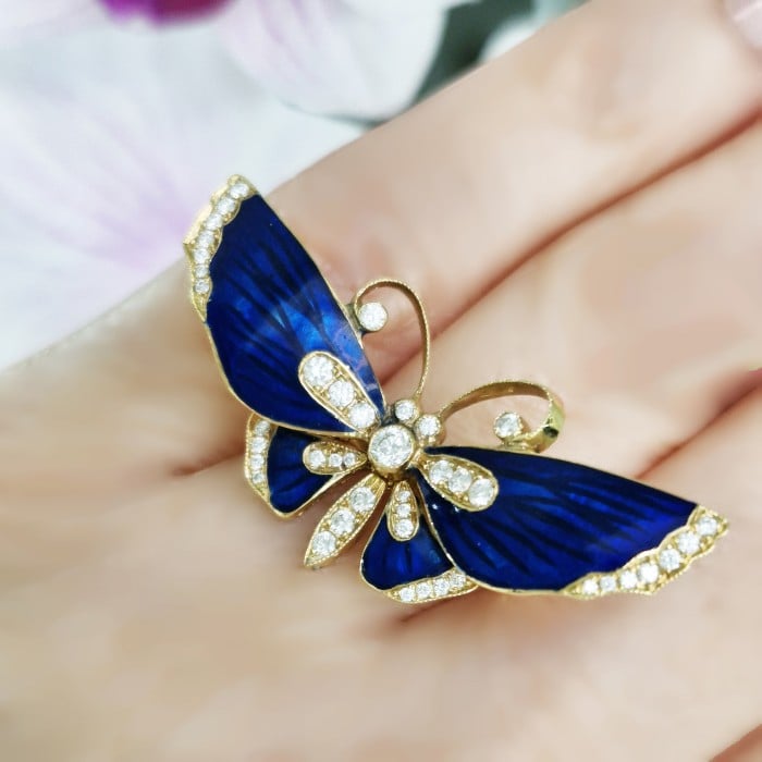 Modern Blue Basse Taille Enamel Diamond and Gold Butterfly Ring