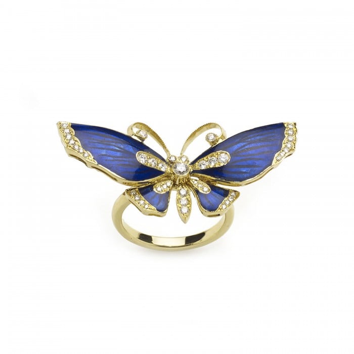 Modern Blue Basse Taille Enamel Diamond and Gold Butterfly Ring