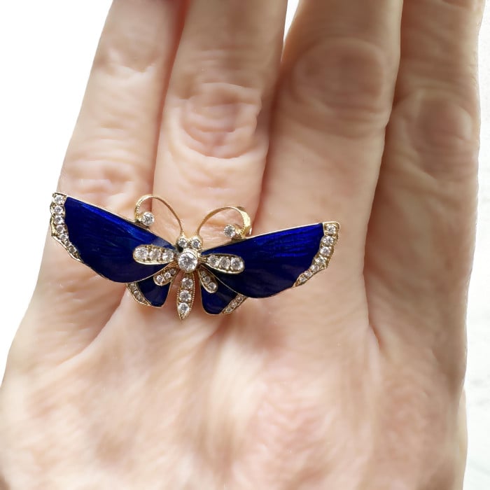 Modern Blue Basse Taille Enamel Diamond and Gold Butterfly Ring