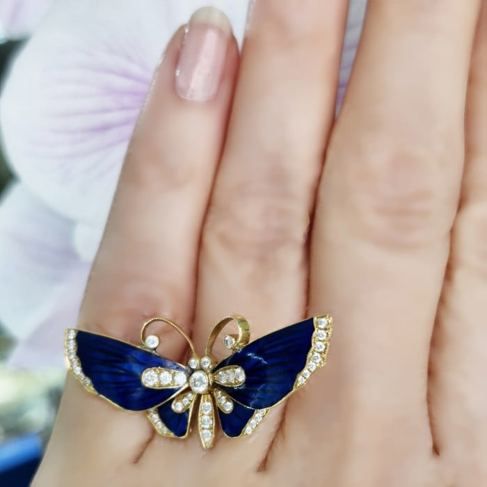 Modern Blue Basse Taille Enamel Diamond and Gold Butterfly Ring