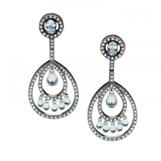 Modern Blue Topaz Briolette Diamond and Oxidised Gold Drop Earrings