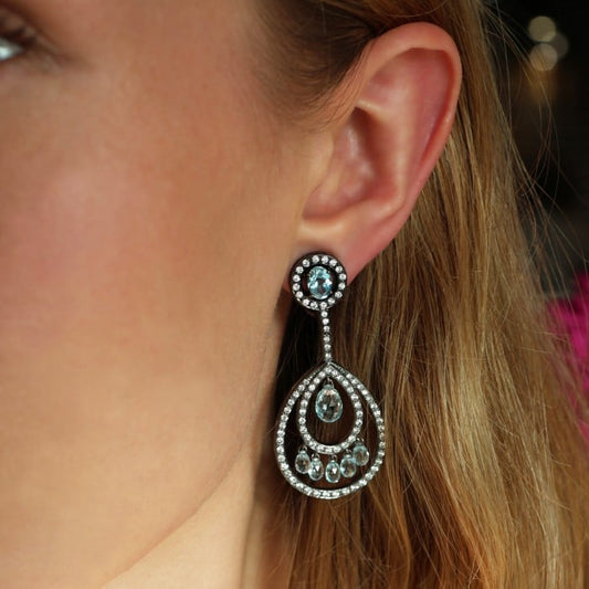 Modern Blue Topaz Briolette Diamond and Oxidised Gold Drop Earrings