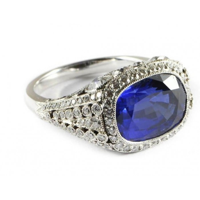Modern Cushion Cut Sapphire Diamond and Platinum Ring, 8.64ct