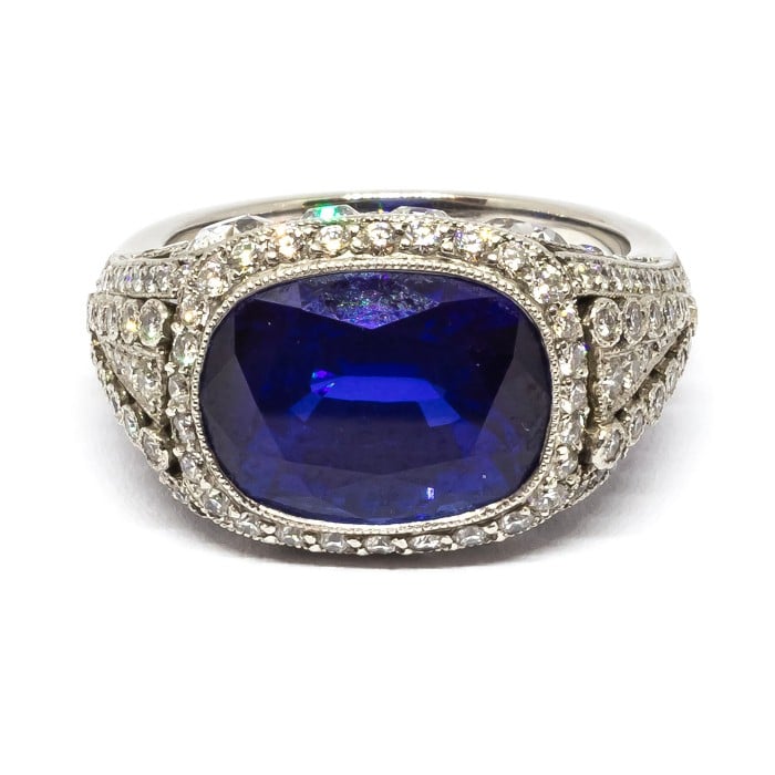 Modern Cushion Cut Sapphire Diamond and Platinum Ring, 8.64ct