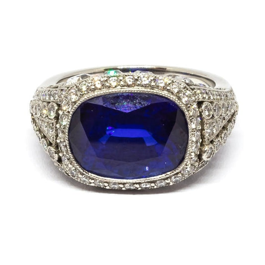 Modern Cushion Cut Sapphire Diamond and Platinum Ring, 8.64ct