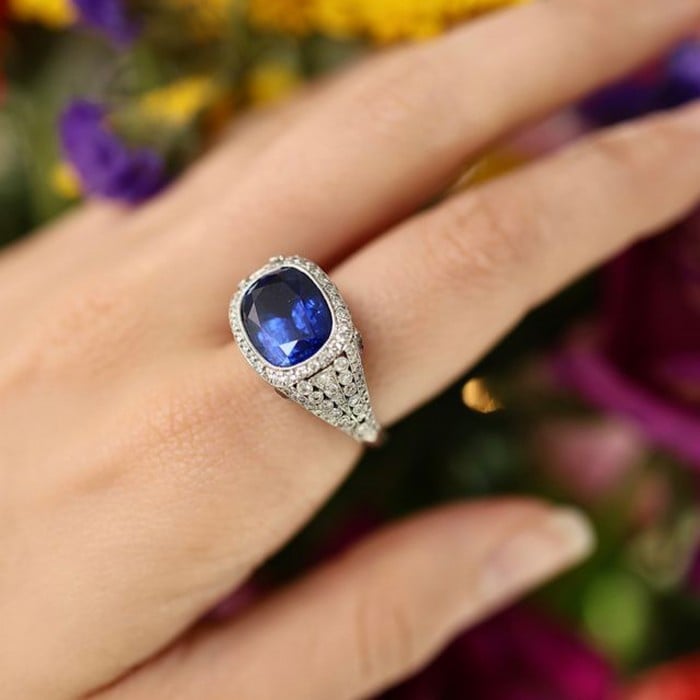 Modern Cushion Cut Sapphire Diamond and Platinum Ring, 8.64ct