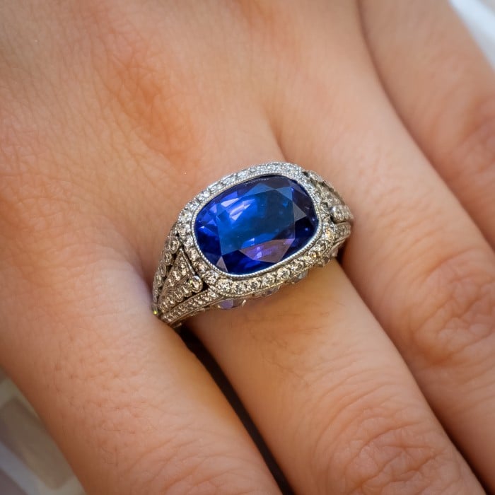 Modern Cushion Cut Sapphire Diamond and Platinum Ring, 8.64ct