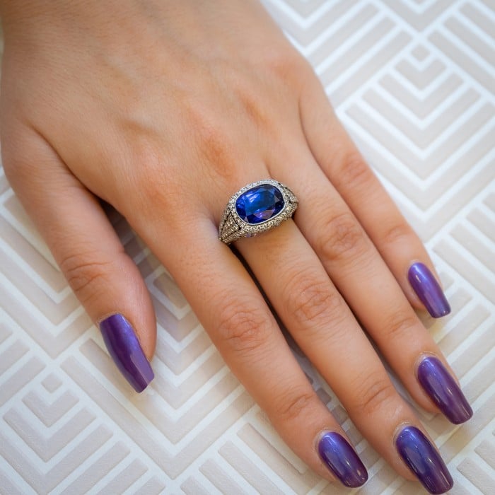 Modern Cushion Cut Sapphire Diamond and Platinum Ring, 8.64ct